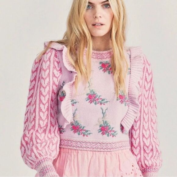Ruffle Pullover Girls Sweater with a Mixed Floral & Heart Motif in Blush Pink. - Picture 1 of 7